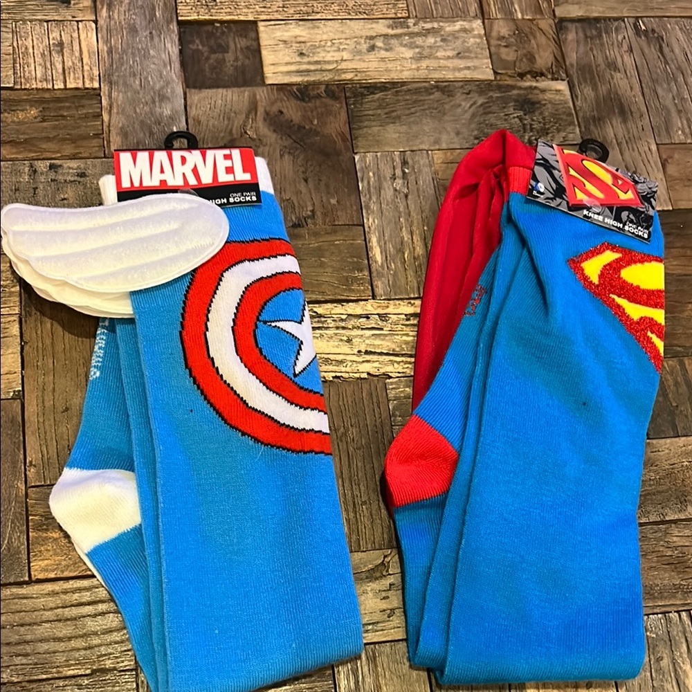 2 Pair Comic Knee High Socks Superman Captain America NWT